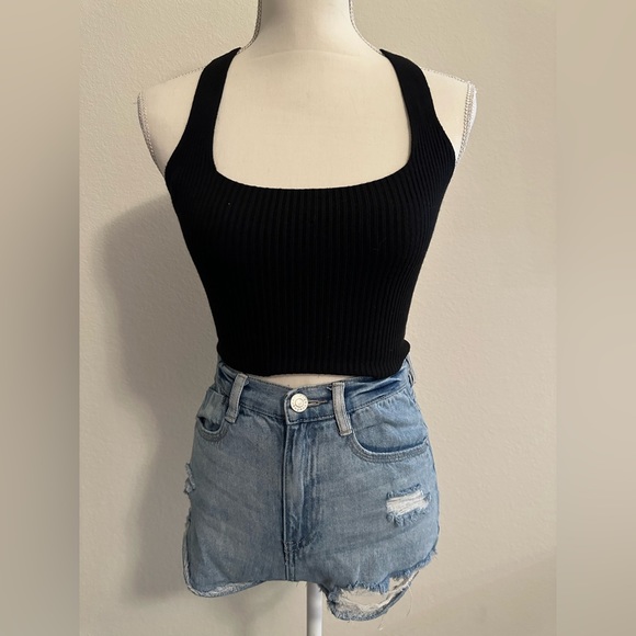 Black Ribbed Crop Top with Cross Back and Tie Size Small - Picture 2 of 9